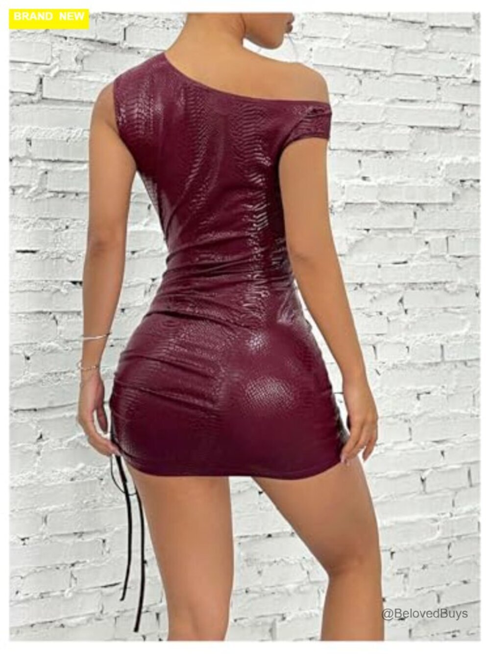 Off Shoulder Pu Leather Mini Dress Sexy Drawstring Ruched Club Dress - Picture 3 of 6